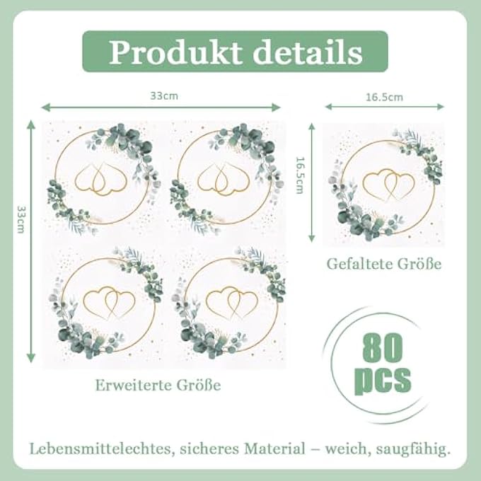 PACK OF 80 WEDDING NAPKINS HEARTS AROUND EUCALYPTUS WHITE, EUCALYPTUS GREEN TABLE DECORATION WEDDING, GOLDEN WEDDING, SAGE GREEN TABLE DECORATION (33 X 33 CM) - Image 3